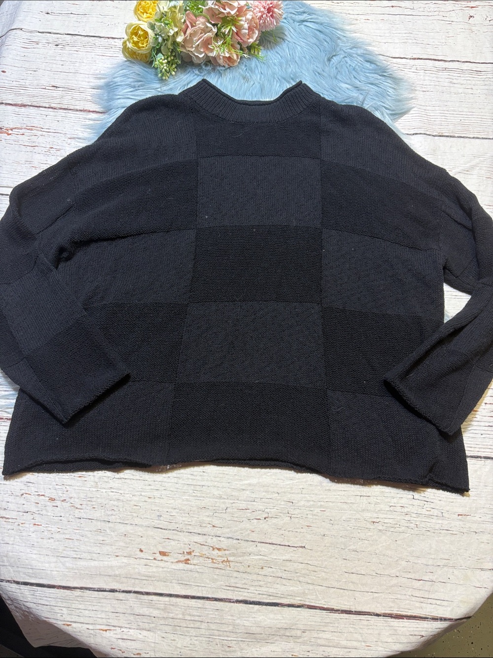 Free People Beach Black Check Mockneck Knit Sweater sz M